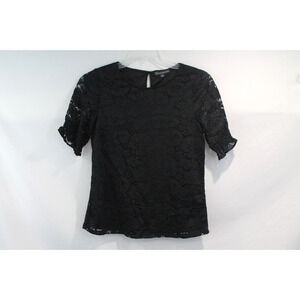 Adrianna Papell Womens Lace Smocked Top size S Black Lined Ruffle Trim Sleeves